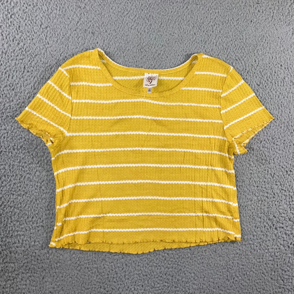 Mustard Yellow Crop Top Women L Striped Waffle Knit Lettuce Edge Boho Textured